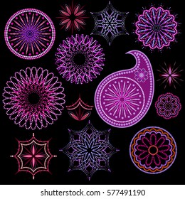 Bright purple ethnic cliche with paisley and round  elements. Vector set of various ornaments, deco template. Oriental trendy print for decoration, gift,  design.