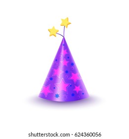 Bright purple festive cap with pink, blue and yellow stars isolated on white background. Funny party accessory vector illustration. Holiday headgear for festive mood. Dress up for celebration.