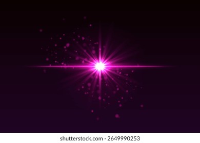 Flash púrpura brillante con partículas de brillo dispersas. Estallido en forma de estrella con brillo suave crea efecto de luz mágica.