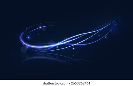 Bright purple glowing curved line with magical light effect. Magic wand light swirl glow effect.