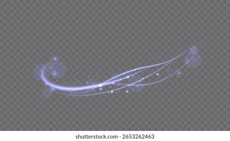Bright purple glowing curved line with magical light effect. Magic wand light swirl glow effect.