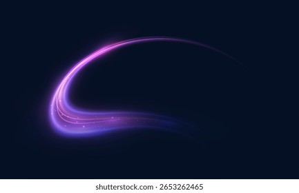 Bright purple glowing curved line with magical light effect. Magic wand light swirl glow effect.