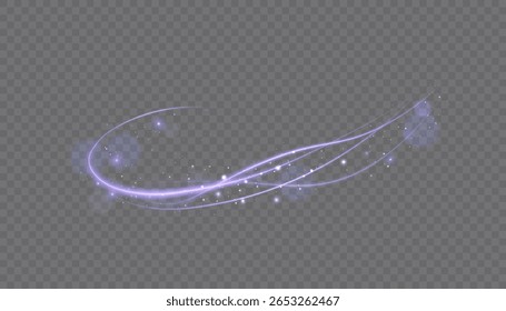 Bright purple glowing curved line with magical light effect. Magic wand light swirl glow effect.