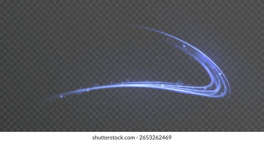 Bright purple glowing curved line with magical light effect. Magic wand light swirl glow effect.