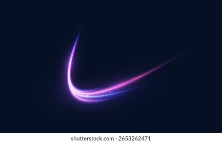 Bright purple glowing curved line with magical light effect. Magic wand light swirl glow effect.