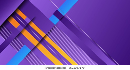 Bright purple gradient background with colorful rectangle overlapping design. Decorative shadow design with simple style and lines.