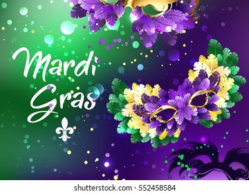 Bright purple and green background with candy cane decorated with fluffy Mardi Gras masks.