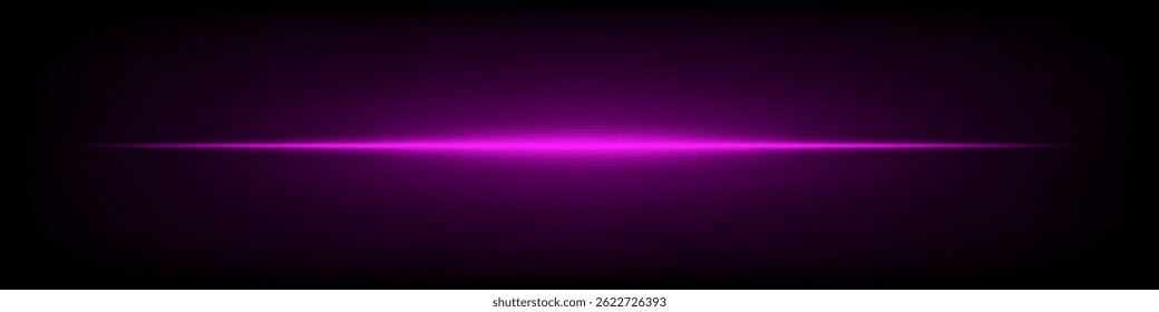 Bright purple horizontal neon lens flare isolated on dark background. Abstract futuristic minimalistic beam, perfect for UI, digital design, sci-fi projects. EPS vector illustration.