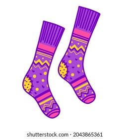 Bright purple knitted socks. Clothes for autumn 