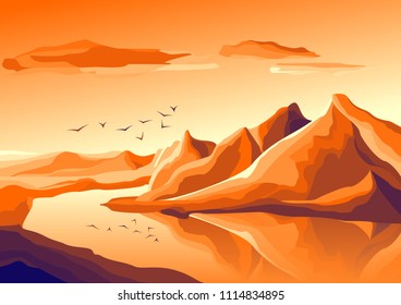 Bright purple landscape with high mountains, sunrise, sunset. Vector panorama of eps10.