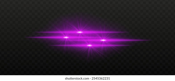 Bright purple light beams with star-like bursts and radiant glow. Horizontal light streaks and glare on dark background, creating a vibrant illumination effect