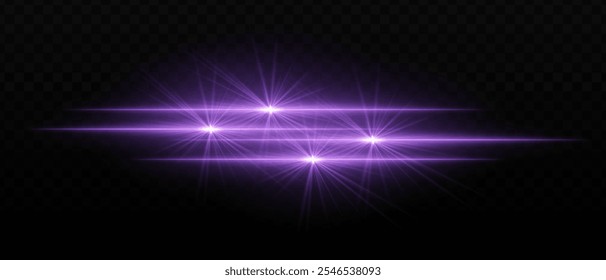 Feixes de luz roxo brilhante com rajadas de estrela e brilho radiante. Listras de luz horizontais e brilho em fundo escuro, criando um efeito de iluminação vibrante