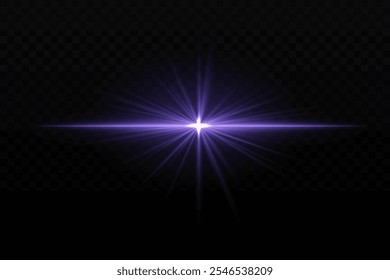 Bright purple light burst with star-like rays and horizontal beam. Sci-fi glare effect, creating a glowing focal point on dark background