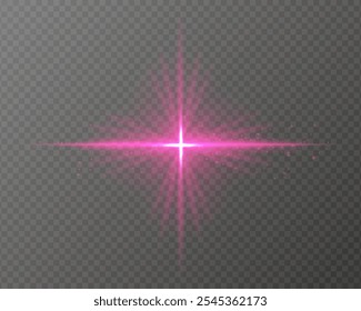 Bright purple light burst with star-shaped rays, sparkling particles, and a horizontal glow on a transparent background. Ideal for adding a radiant flash or glare effect