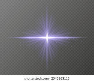 Bright purple light burst with star-shaped rays, sparkling particles, and a horizontal glow on a transparent background. Ideal for adding a radiant flash or glare effect