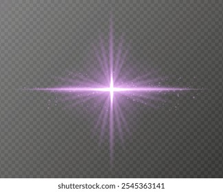 Bright purple light burst with star-shaped rays, sparkling particles, and a horizontal glow on a transparent background. Ideal for adding a radiant flash or glare effect