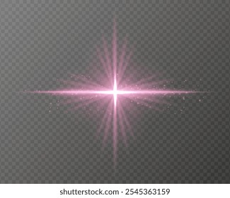Bright purple light burst with star-shaped rays, sparkling particles, and a horizontal glow on a transparent background. Ideal for adding a radiant flash or glare effect