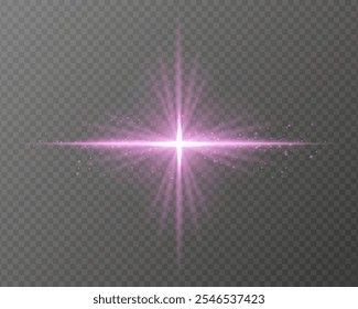 Bright purple light burst with star-shaped rays, sparkling particles, and a horizontal glow on a transparent background. Ideal for adding a radiant flash or glare effect