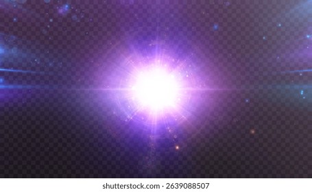 Bright purple light explosion with glowing flares, particles, and lens effect on transparent background. Ideal for sci-fi visuals, cosmic bursts, or magical highlights.


