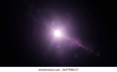 Fonte de luz roxa brilhante com raios e halo. Feixe azul brilhante na forma de um flash com efeito de lente e brilho em um fundo preto.