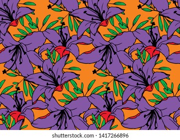 Bright purple lilies seamless pattern