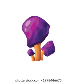 Bright purple magic fantasy mushrooms, flat vector illustration isolated on white background. Colorful shiny unusual mushroom or fungus plant with glossy purple cap.