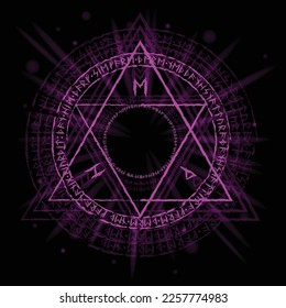 Bright purple magic symbol with triangles and viking runes isolated on white background. Circle shining occult sign. Alchemy spell graphic mage star. Astrology sacred geometric icon