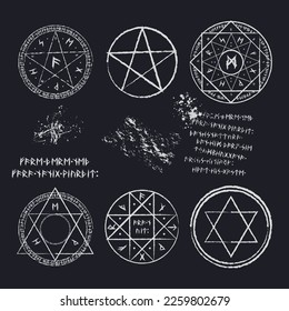 Bright purple magic symbol with triangles and viking runes isolated on white background. Circle shining occult sign. Alchemy spell graphic mage star. Astrology sacred geometric icon