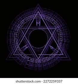 Bright purple magic symbol with triangles and viking runes isolated on white background. Circle shining occult sign. Alchemy spell graphic mage star. Astrology sacred geometric icon