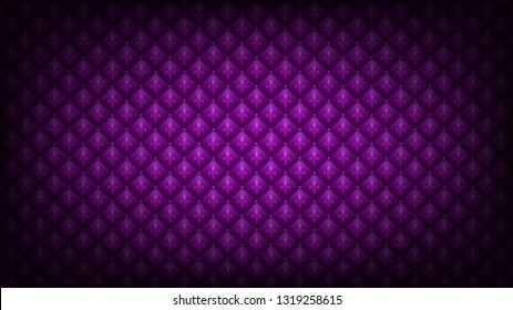 Bright purple Mardi Gras background. Fleur-de-lis symbol at quilted backdrop. Royal, luxury texture. 