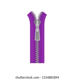 Bright purple metal zipper for clothes. Device used on garments and bags. Open zip fastener. Flat vector icon