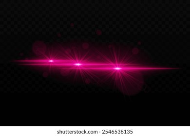 Luz de neon roxo brilhante com brilho e efeitos de flare de lente. Três feixes de luz focados com brilho radiante e partículas de bokeh em um fundo escuro