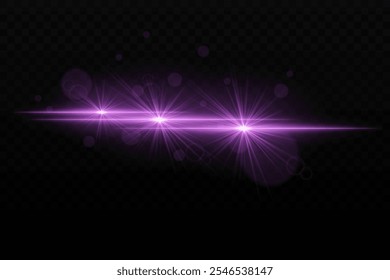 Luz de neon roxo brilhante com brilho e efeitos de flare de lente. Três feixes de luz focados com brilho radiante e partículas de bokeh em um fundo escuro