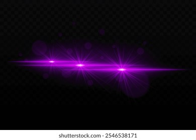 Luz de neon roxo brilhante com brilho e efeitos de flare de lente. Três feixes de luz focados com brilho radiante e partículas de bokeh em um fundo escuro