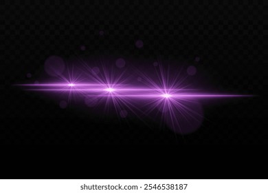 Luz de neon roxo brilhante com brilho e efeitos de flare de lente. Três feixes de luz focados com brilho radiante e partículas de bokeh em um fundo escuro