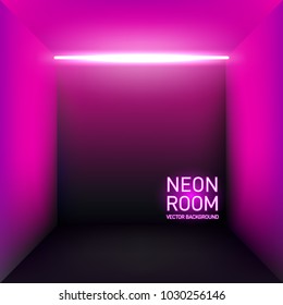 Bright purple neon room with neon lights. Retro 80s backdrop with colorful walls. Vector illustration for your graphic design.