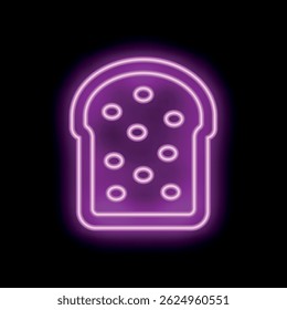 Sinal de néon roxo brilhante representando uma única fatia de torrada com buracos em um fundo preto