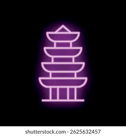 Bright purple neon sign is glowing in the dark, showing a traditional pagoda temple