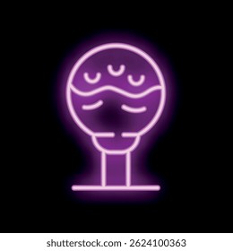 Bright purple neon sign representing a lollipop with swirls and a stick, glowing in the dark on a black background
