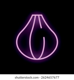 Bright purple neon sign in the shape of a garlic bulb glowing on a black background