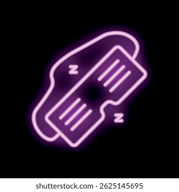 Bright purple neon sign in the shape of a sleeping eye mask glowing on a wall at night