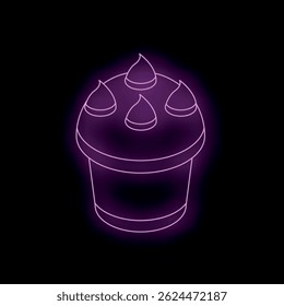 Bright purple neon sign shaped like a cupcake with frosting, glowing against a dark background