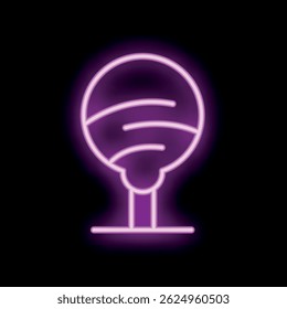 Bright purple neon sign showing a round lollipop candy on a stick, isolated vector illustration on black background