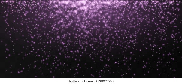 Bright purple particles gently falling on a dark background, creating a magical and festive atmosphere. Glittering particles on a transparent background. Light with flares