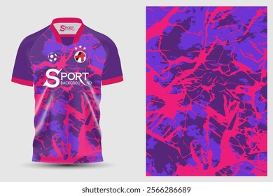 The bright purple and pink football shirt creates a striking and interesting look. It is designed with a clear contrast. The pattern on the shirt looks abstract.