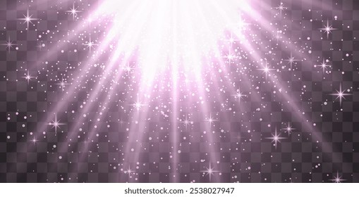 Bright purple radiant light burst with sparkles and glittering particles on a transparent background, creating a festive effect. Light with flares Sun rays of dawn. Wallpaper