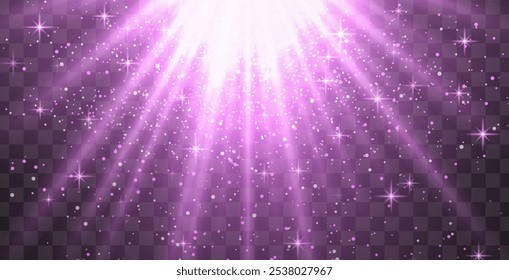 Bright purple radiant light burst with sparkles and glittering particles on a transparent background, creating a festive effect. Light with flares Sun rays of dawn. Wallpaper