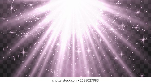 Bright purple radiant light burst with sparkles and glittering particles on a transparent background, creating a festive effect. Light with flares Sun rays of dawn. Wallpaper