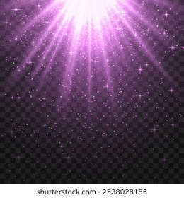 Bright purple radiant light burst with sparkles and glittering particles on a transparent background, creating a festive effect. Light with flares Sun rays of dawn. Wallpaper