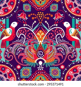 Bright purple seamless pattern with birds and exotic flowers. Design for fabrics, for wrapping paper, wallpaper, handkerchiefs